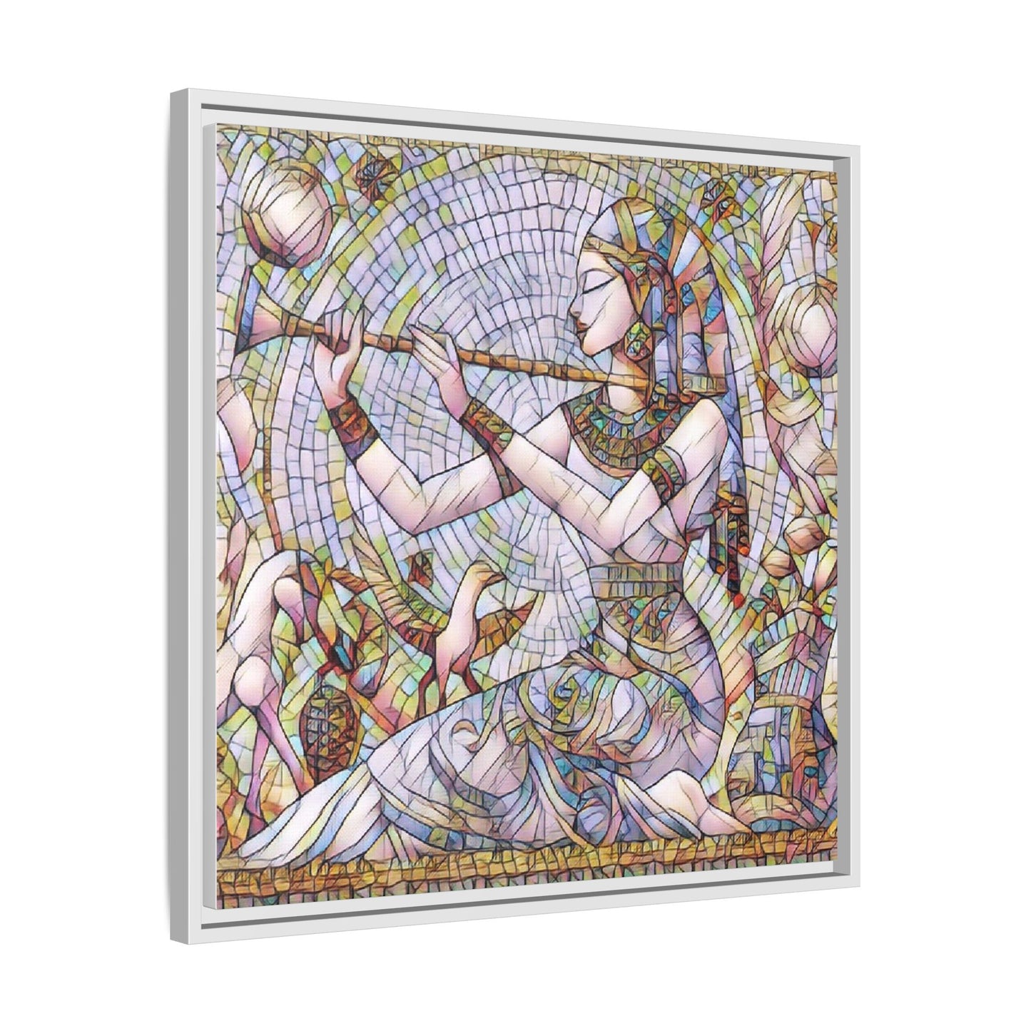 Egyptian Flute Player Framed Canvas Art — Colorful Mosaic Wall Decor