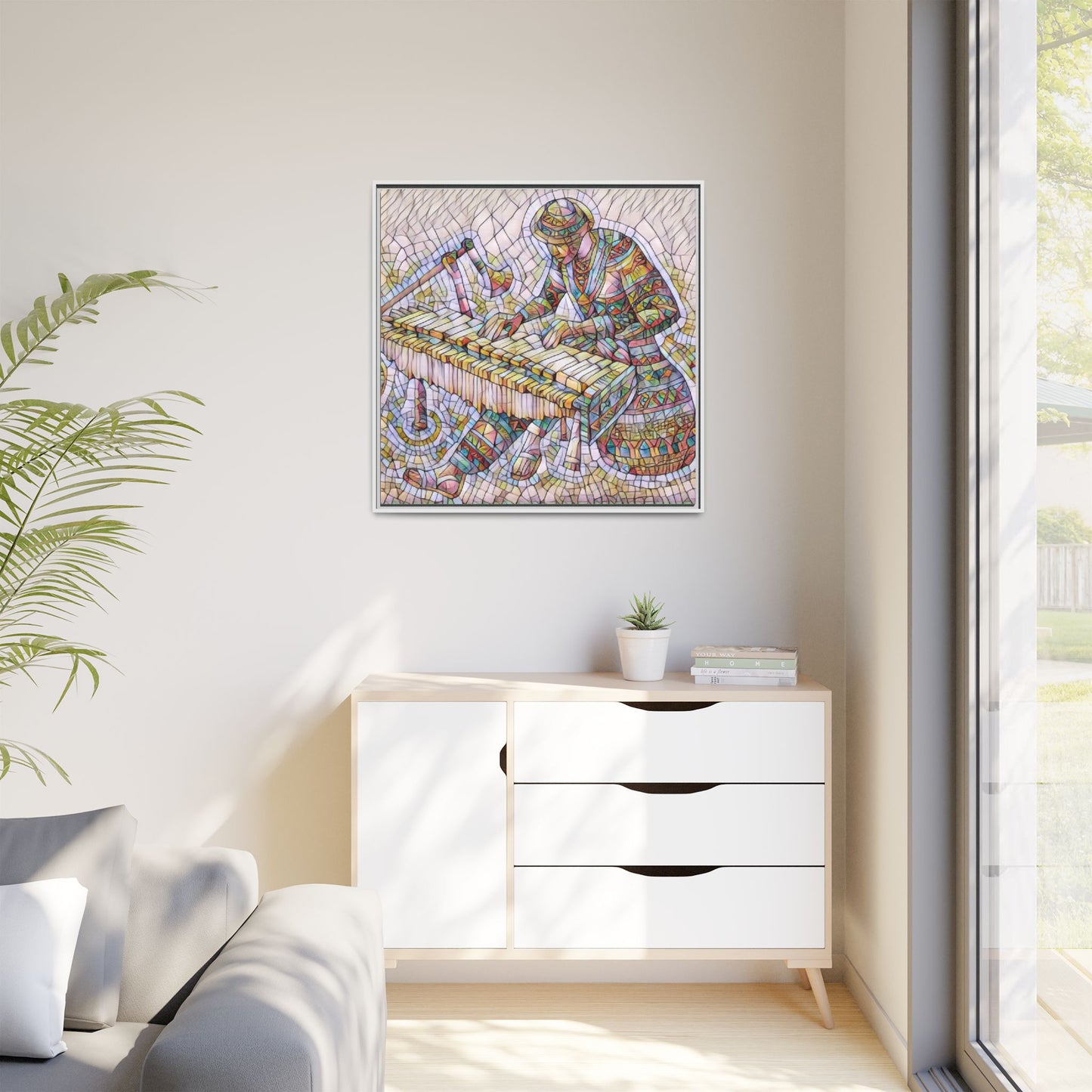 Framed Canvas Art - Colorful Mosaic Vibraphone Musician Print