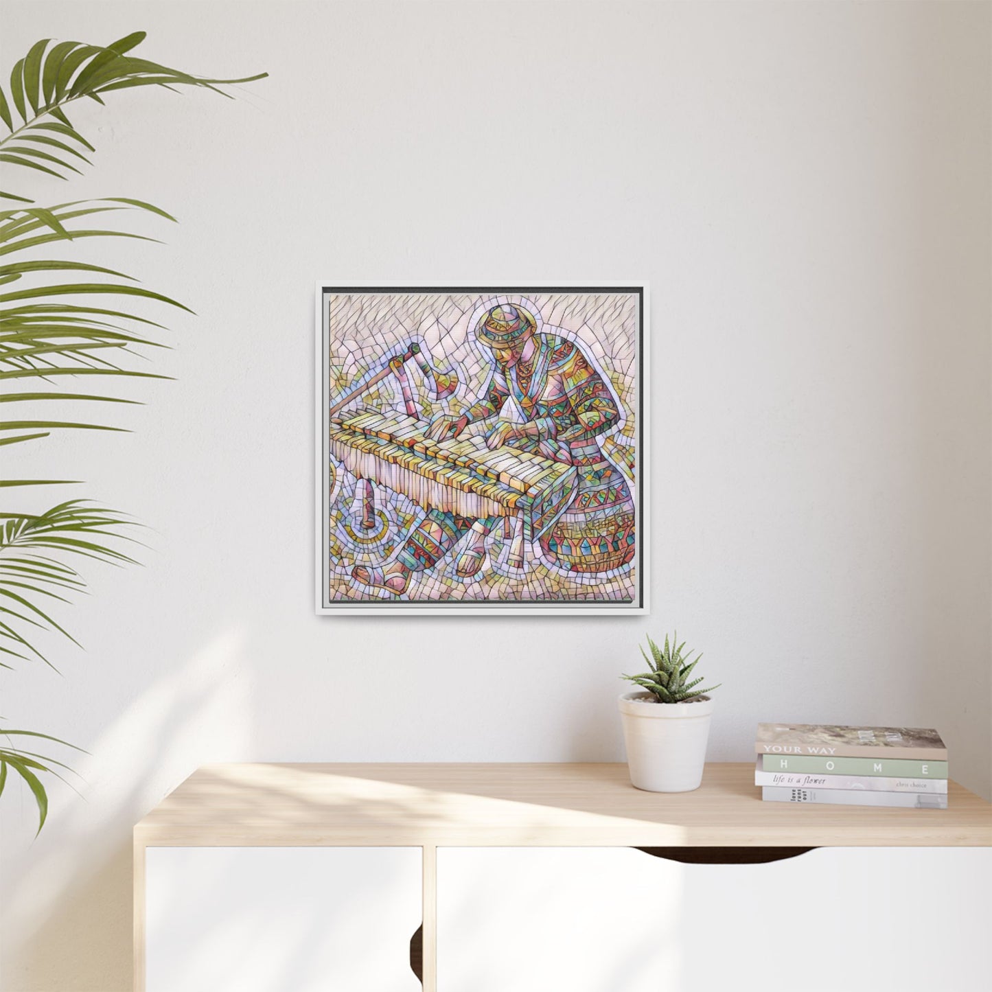 Framed Canvas Art - Colorful Mosaic Vibraphone Musician Print