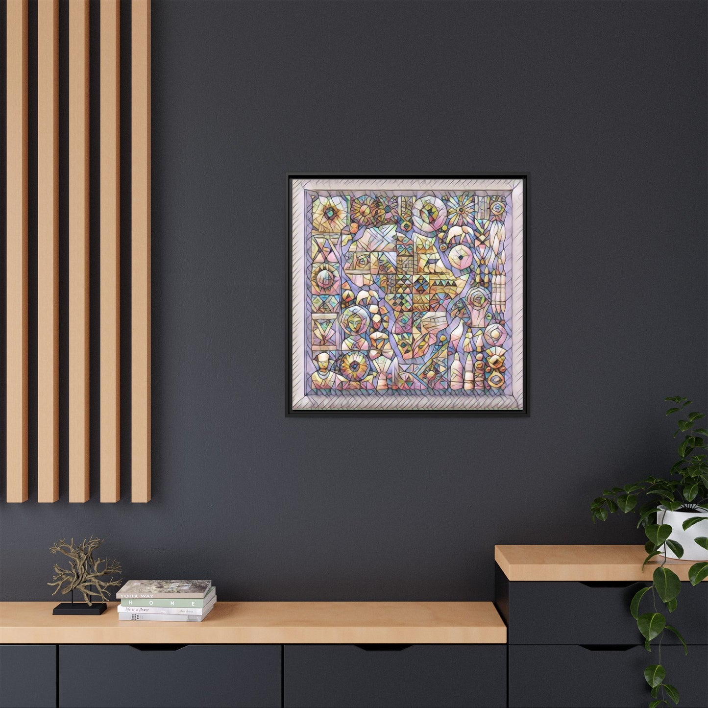 Framed Abstract Mosaic Matte Canvas Art — Pastel Geometric Wall Decor