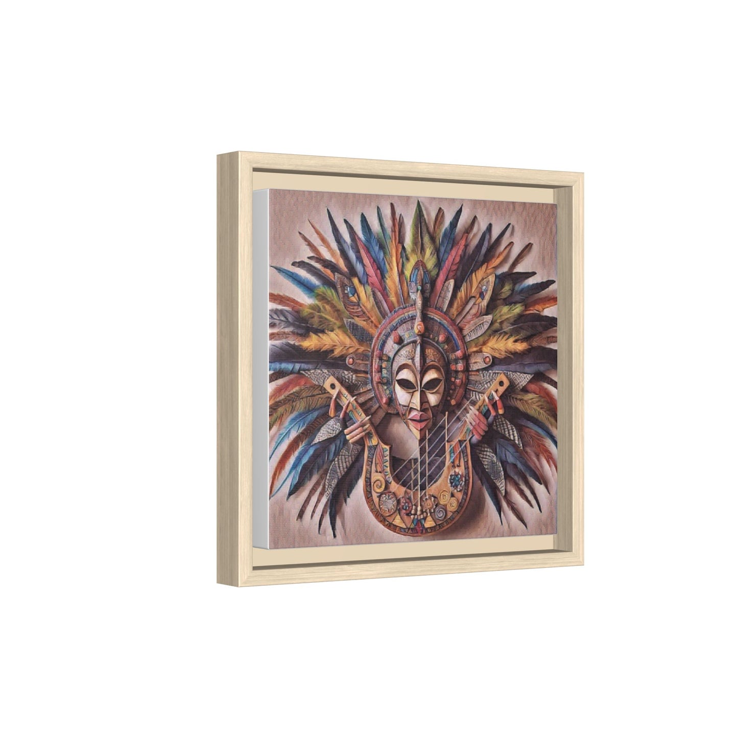 Tribal Feather Mask Guitar Framed Canvas Art — Colorful Boho Wall Decor