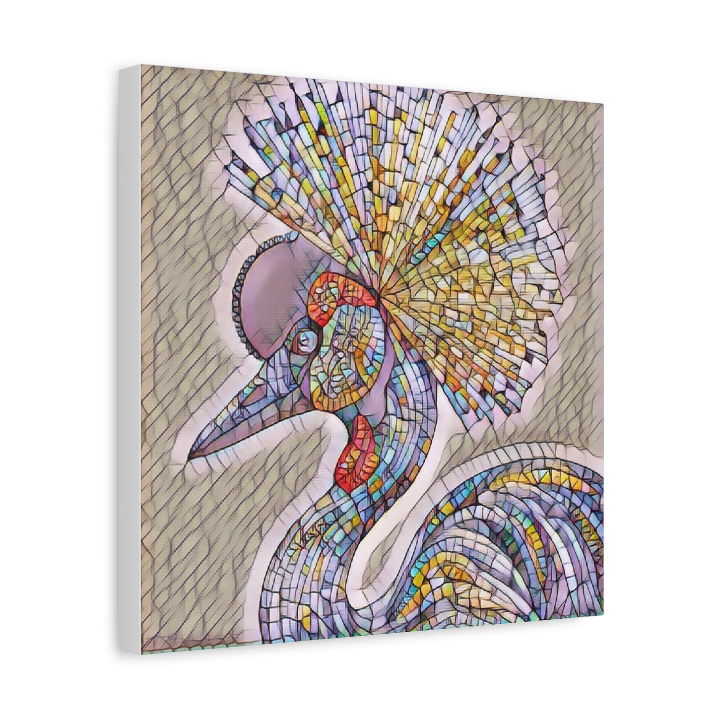 Colorful Mosaic Crowned Crane Canvas Wall Art — Stretched Matte Print