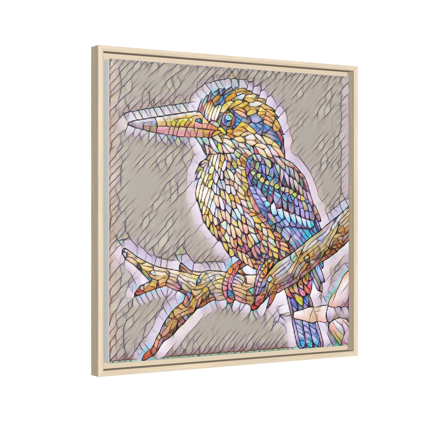 Colorful Kingfisher Framed Canvas Wall Art — Stained-Glass Style Bird Print
