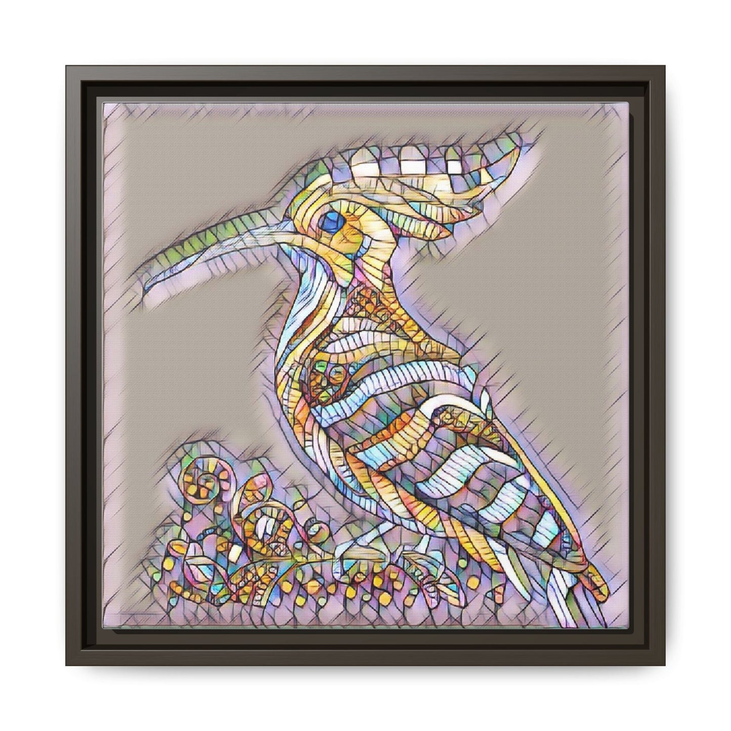Colorful Mosaic Bird Framed Canvas Art — Whimsical Hoopoe Wall Decor