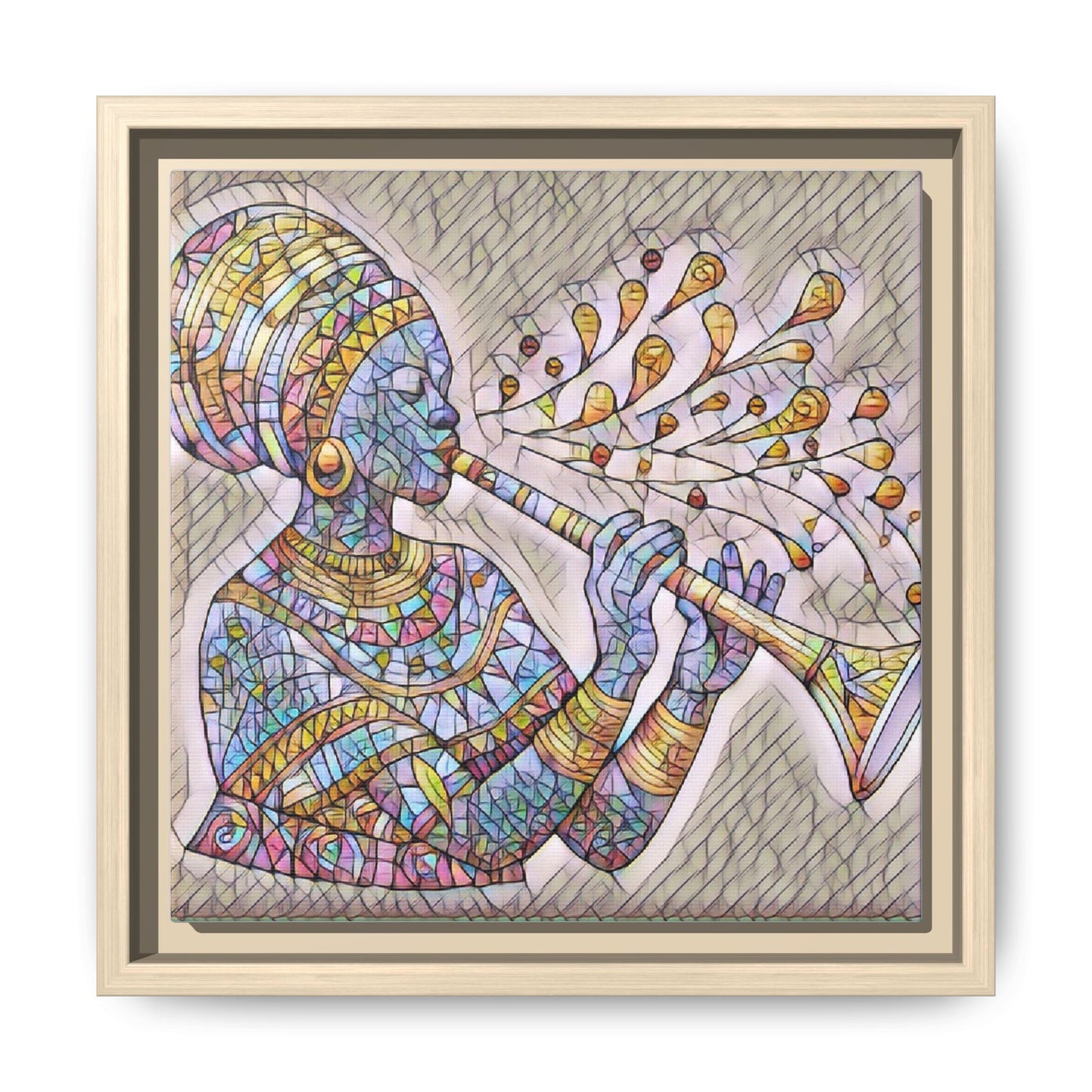 Framed Matte Canvas Art – Colorful African Musician Trumpet Print