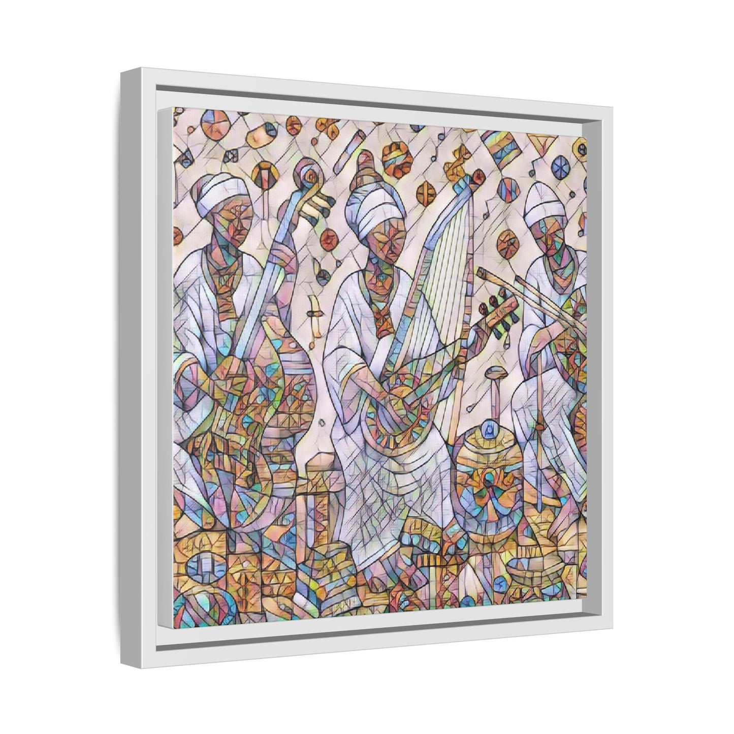 Framed Matte Canvas Print — Colorful African Musicians Stained-Glass Art