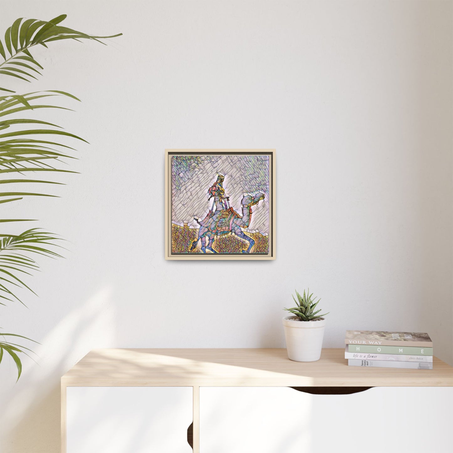 Framed Camel Rider Matte Canvas Art — Colorful Mosaic Desert Wall Decor