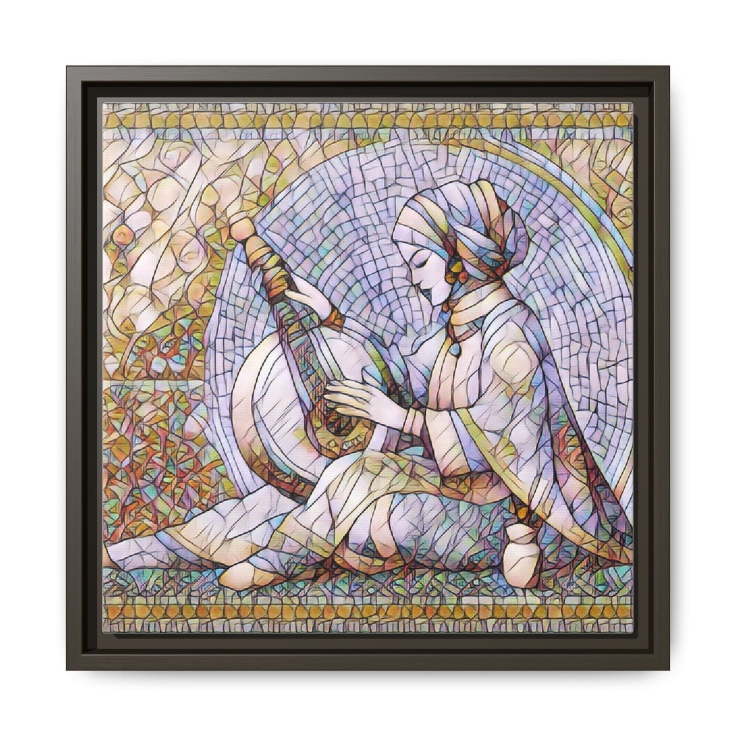 Framed Matte Canvas: Mosaic Lute Player Wall Art — Bohemian Musical Portrait