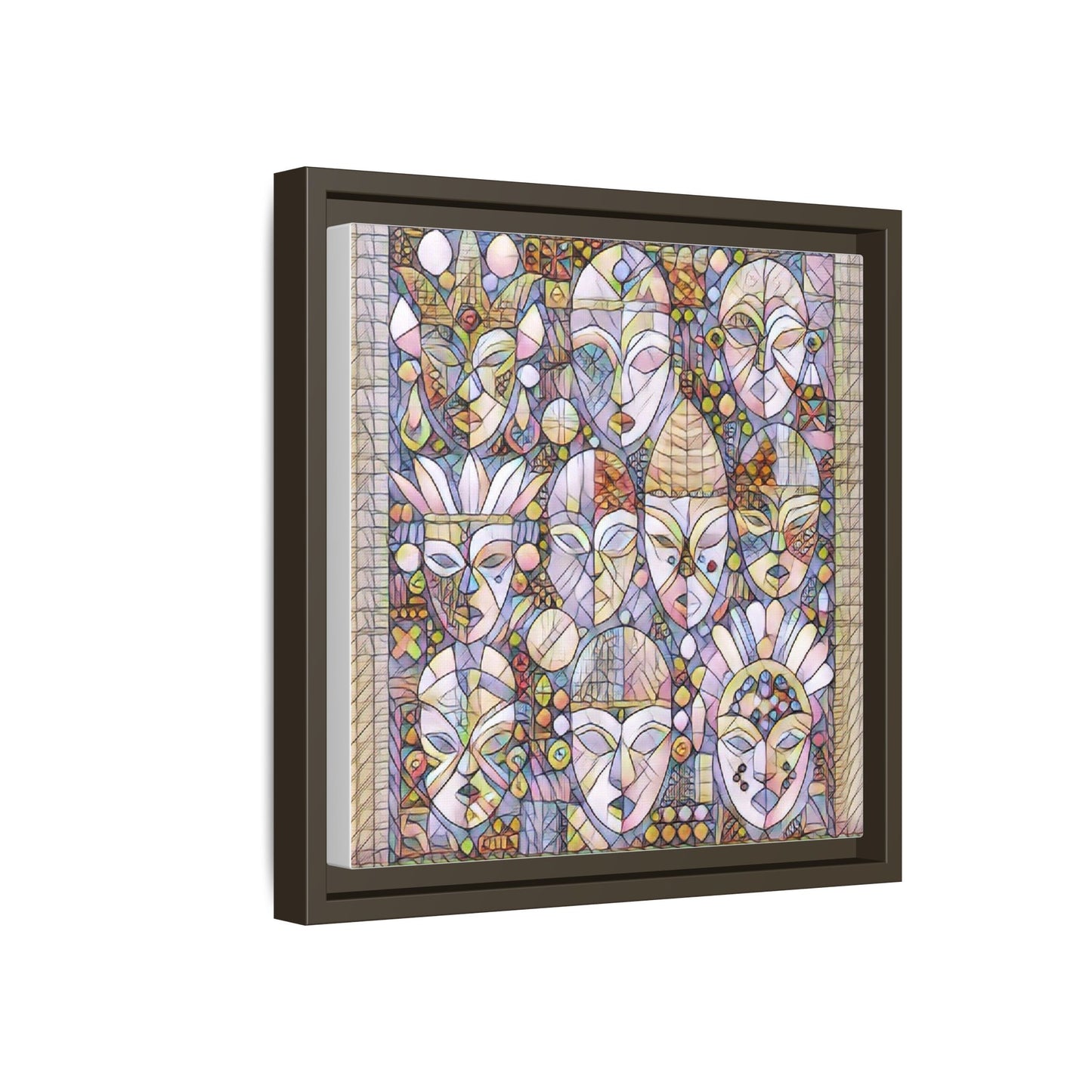 Framed Abstract Mask Art Canvas — Multicolor Stained-Glass Faces Wall Decor