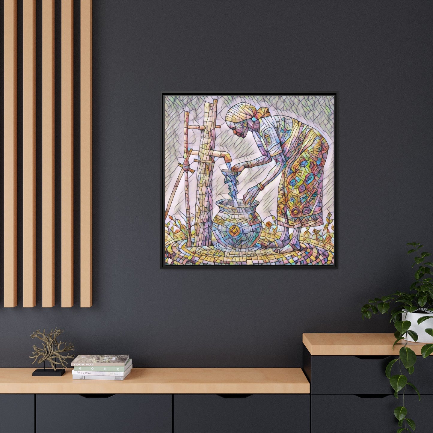 Framed Matte Canvas Art — Colorful Mosaic Woman at Well