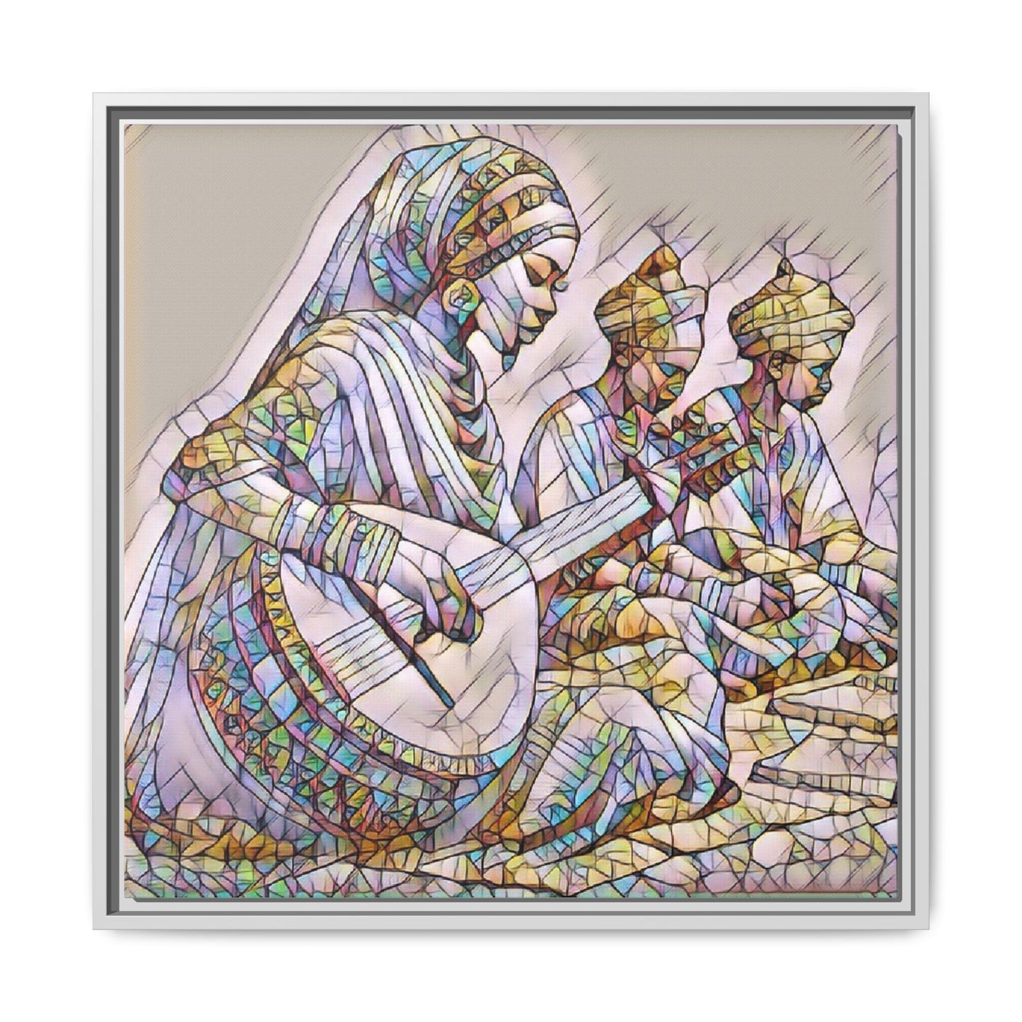 Framed Matte Canvas: Colorful Moroccan Musicians Wall Art