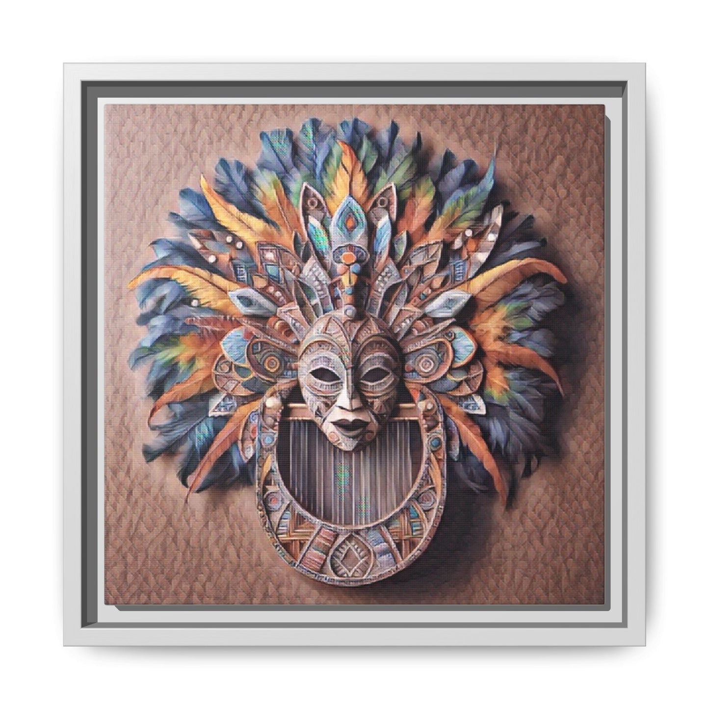 Tribal Feather Mask Framed Canvas Wall Art — Colorful Boho Decorative Print