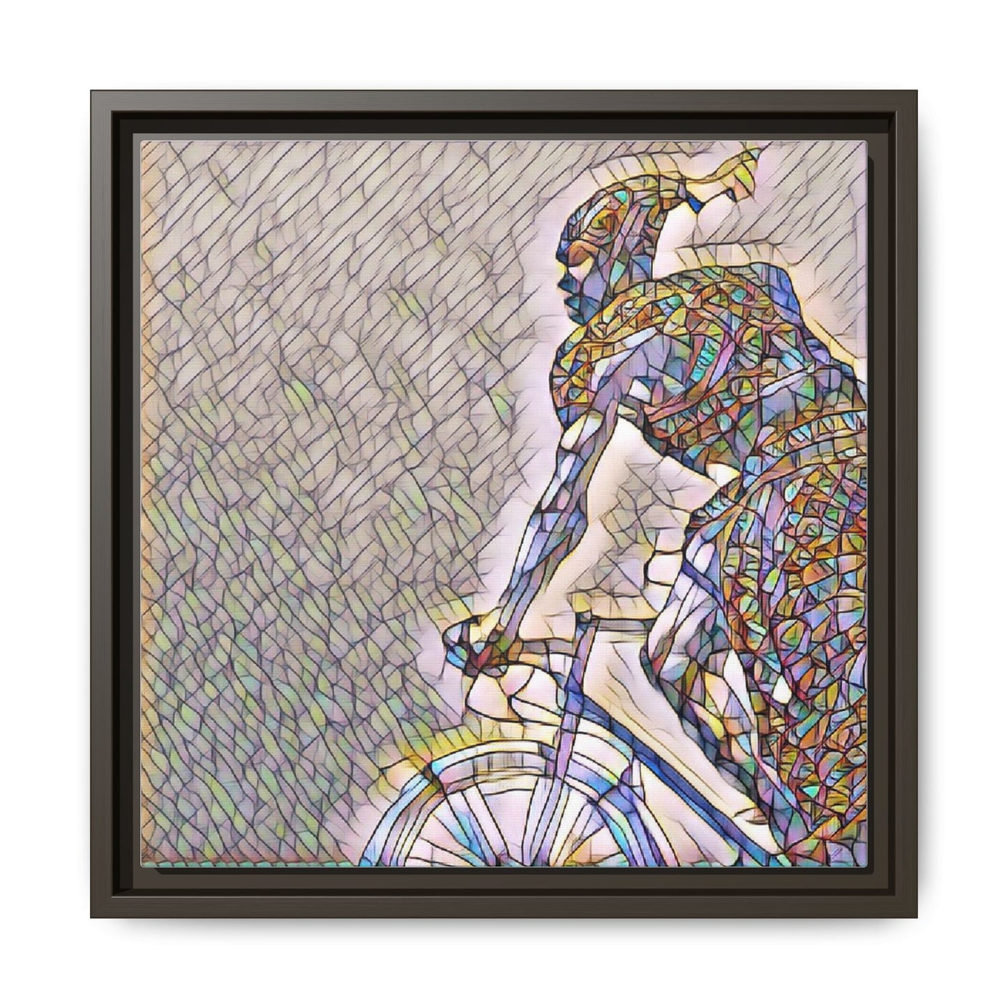 Cyclist Mosaic Matte Canvas Print — Framed Multicolor Bike Art