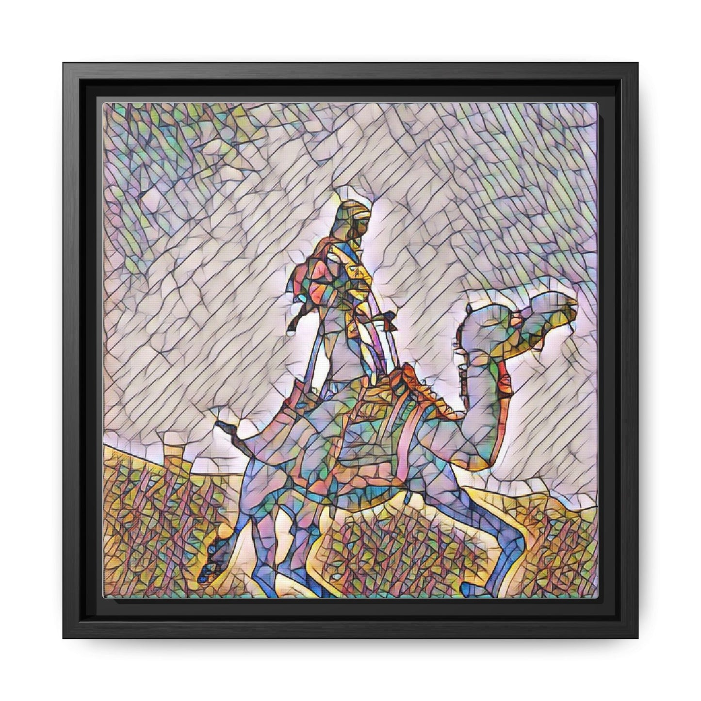 Framed Camel Rider Matte Canvas Art — Colorful Mosaic Desert Wall Decor