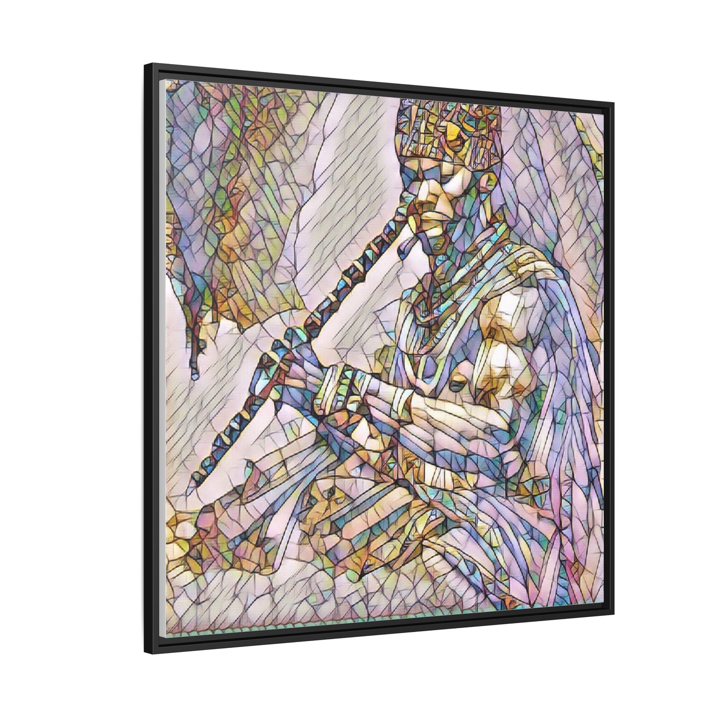 Tribal Flute Musician Stained-Glass Framed Canvas Art