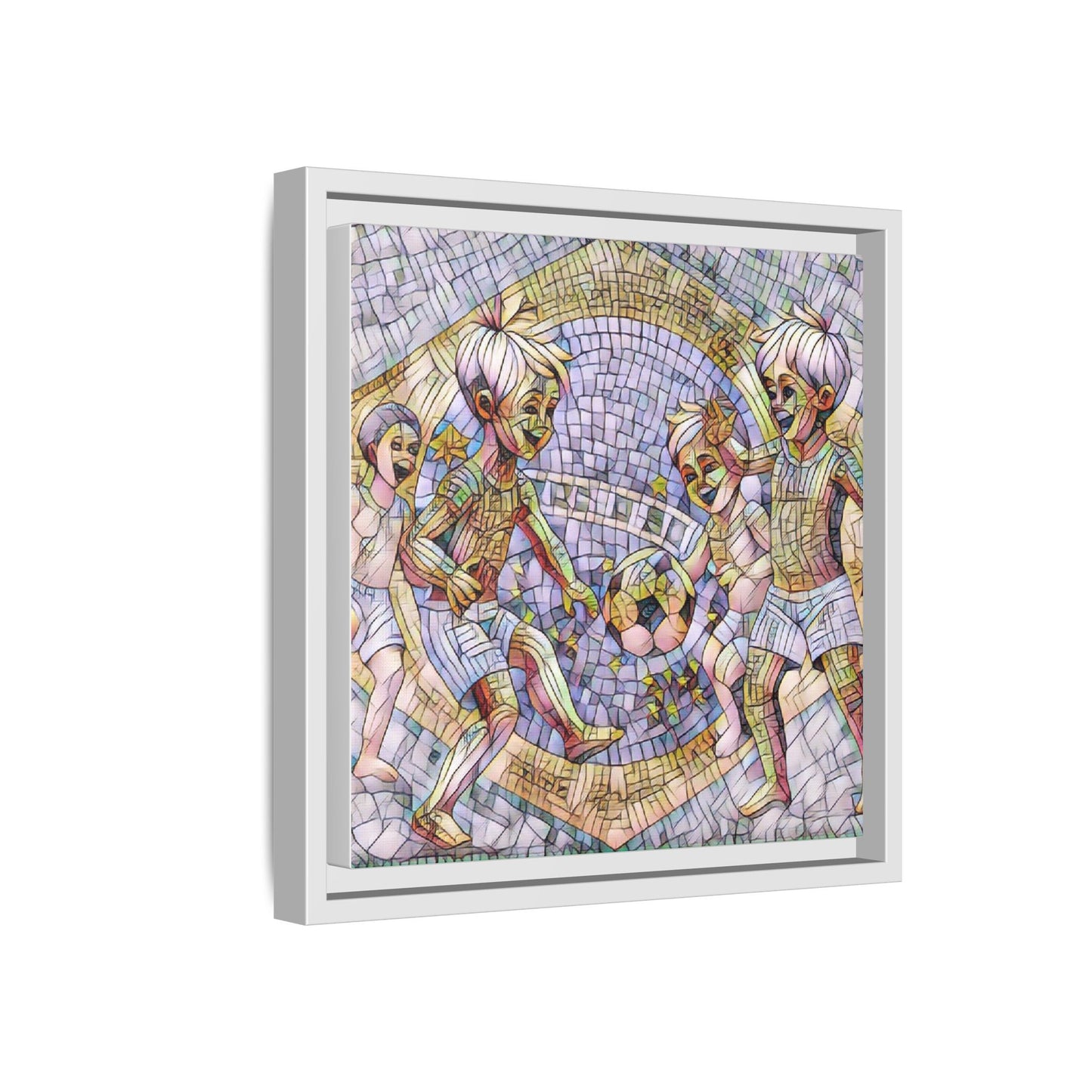 Framed Matte Canvas – Vintage Mosaic Kids Playing Soccer Art
