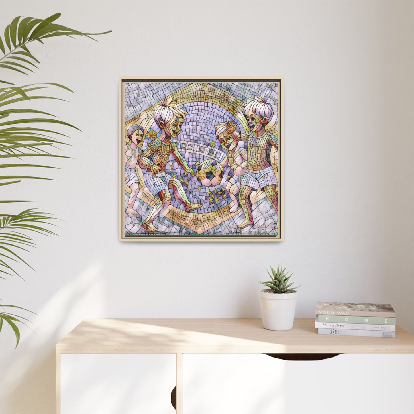Framed Matte Canvas – Vintage Mosaic Kids Playing Soccer Art