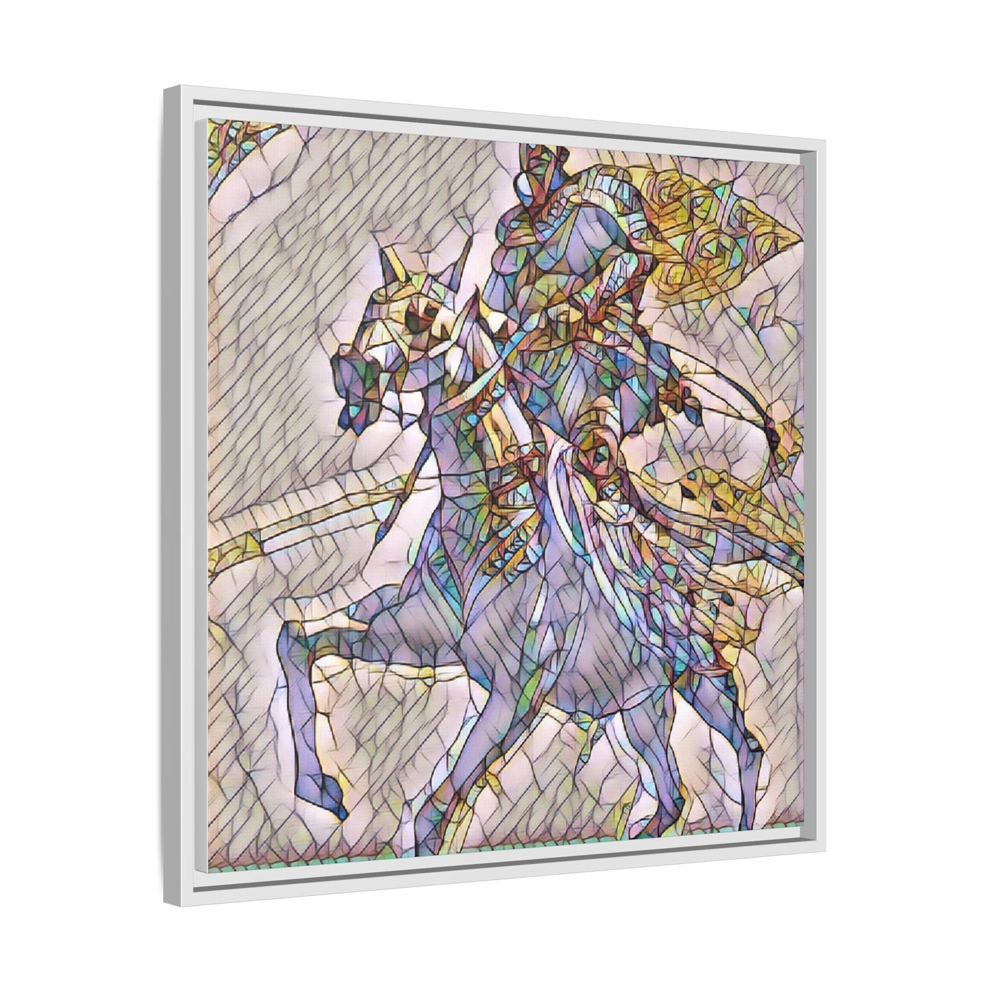 Framed Matte Canvas Art — Stained Glass Knight on Horse Fantasy Wall Decor