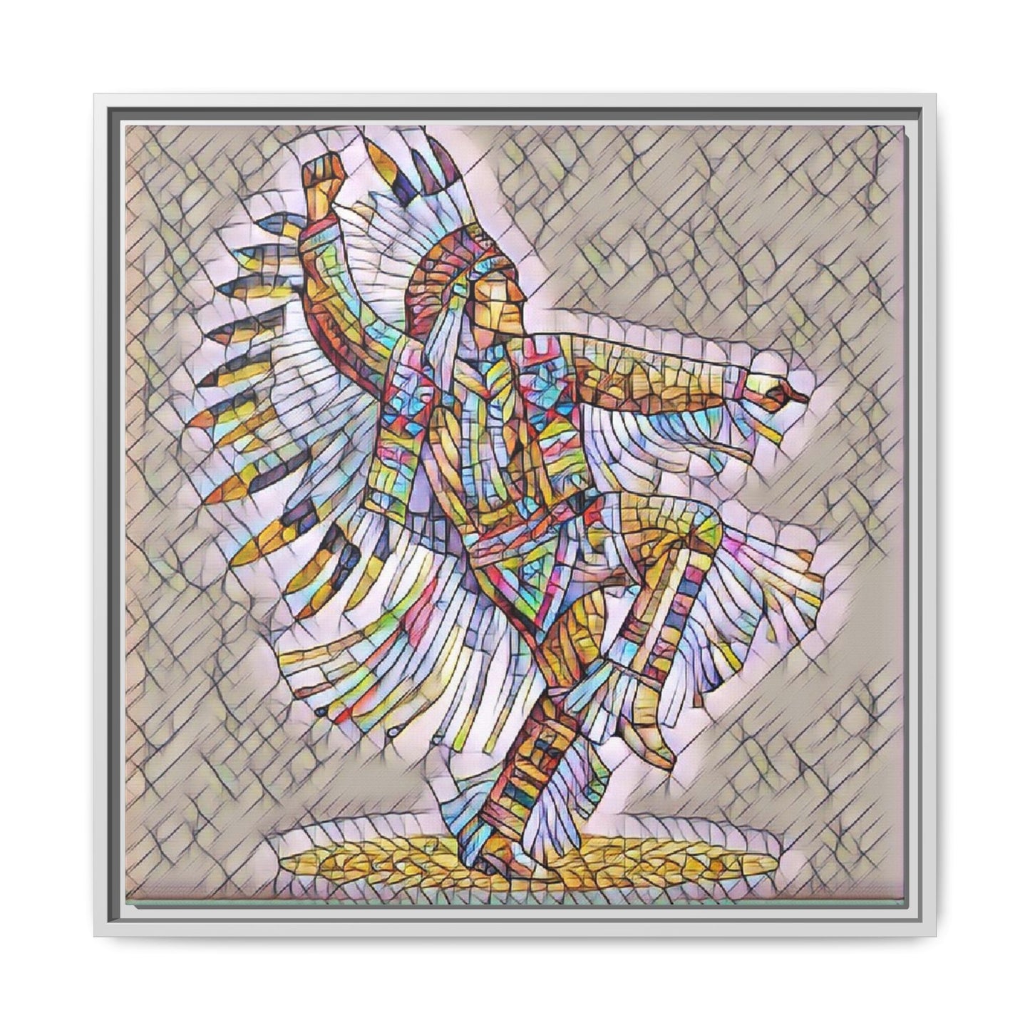 Colorful Native Dancer Framed Canvas Art — Stained Glass Style Wall Decor