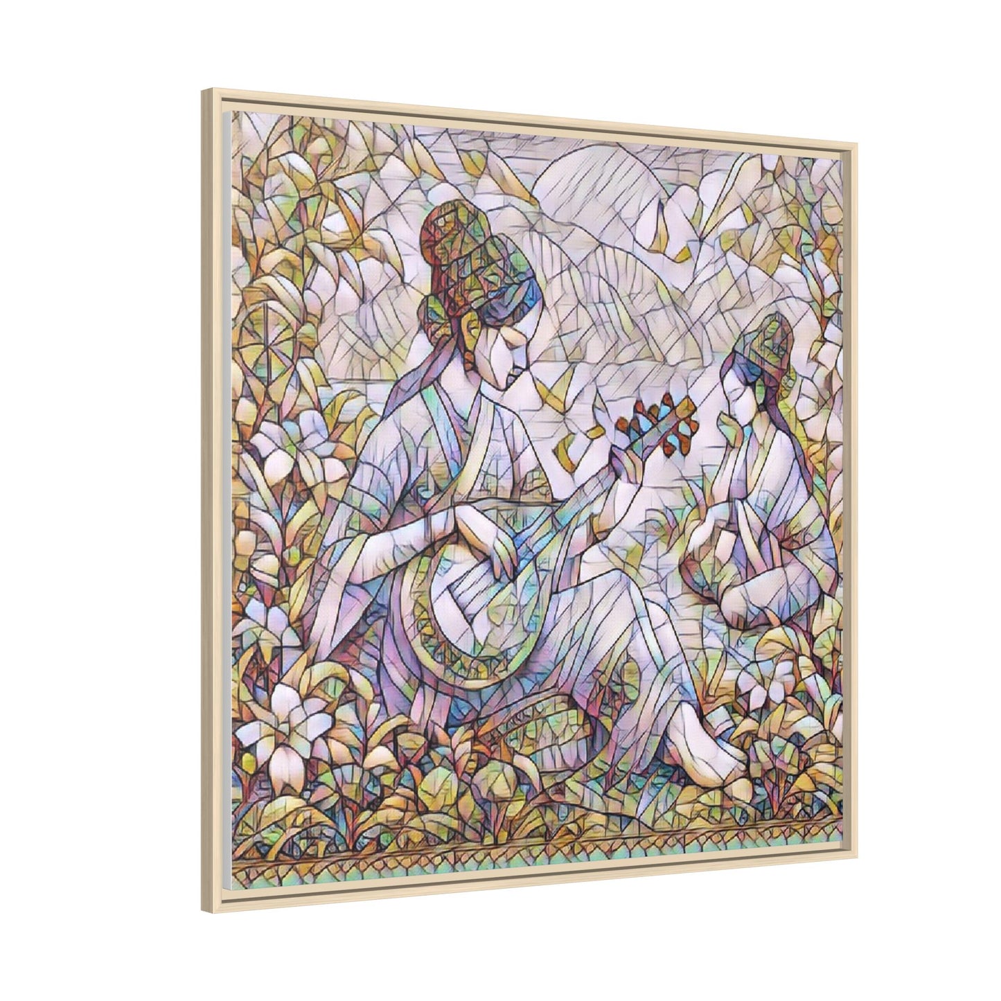 Framed Matte Canvas Art - Vintage Asian Musicians Floral Illustration