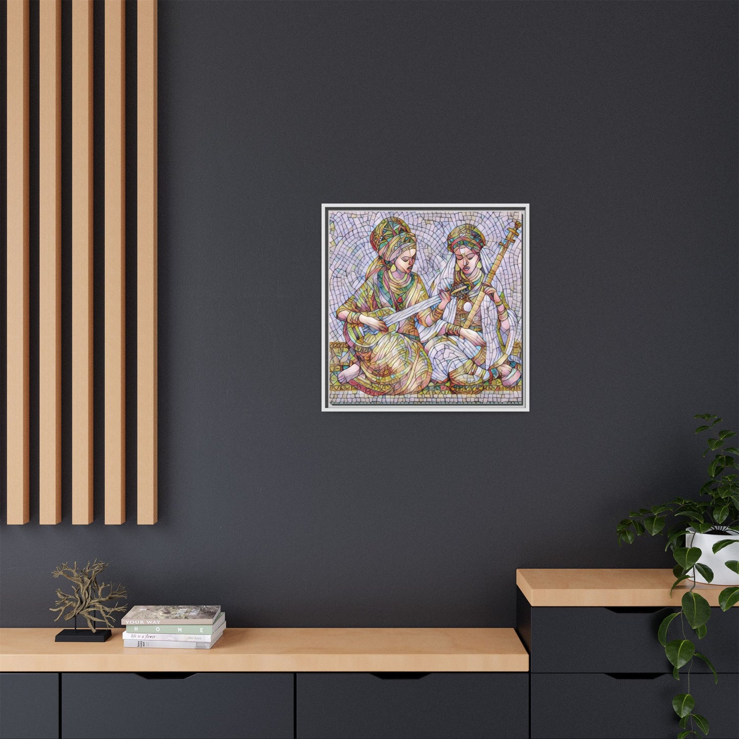 Framed Mosaic Art Print — Two Women Playing Lutes (Matte Canvas)