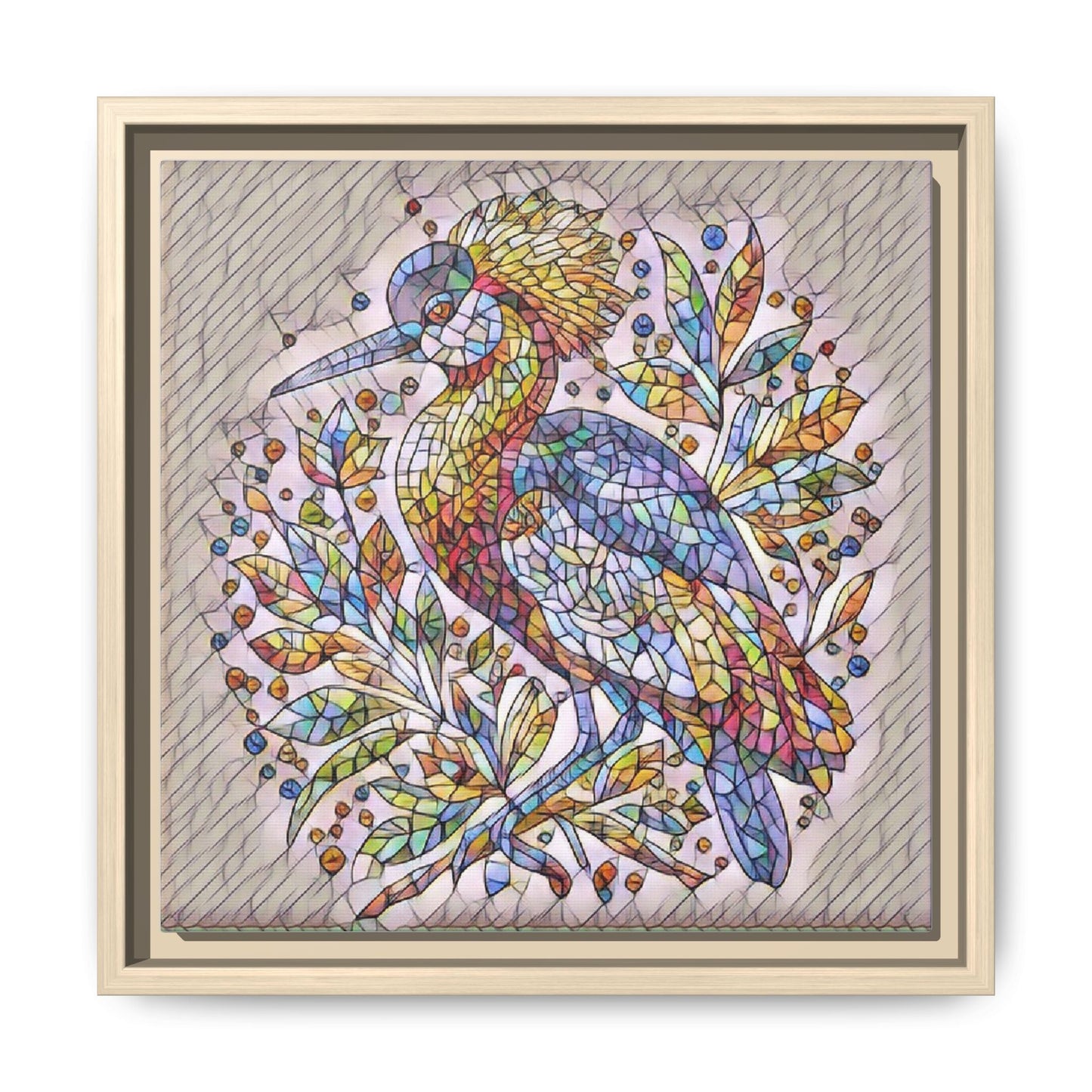 Colorful Stained-Glass Heron — Framed Matte Canvas Wall Art