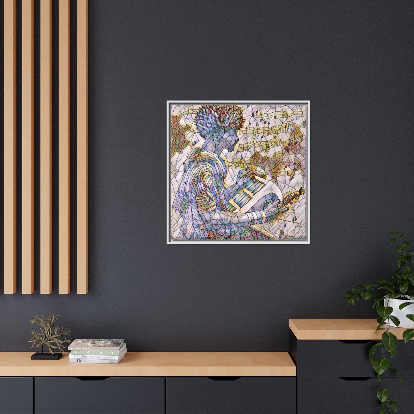Abstract Jazz Musician Framed Canvas Art — Colorful Stained-Glass Style Wall Decor