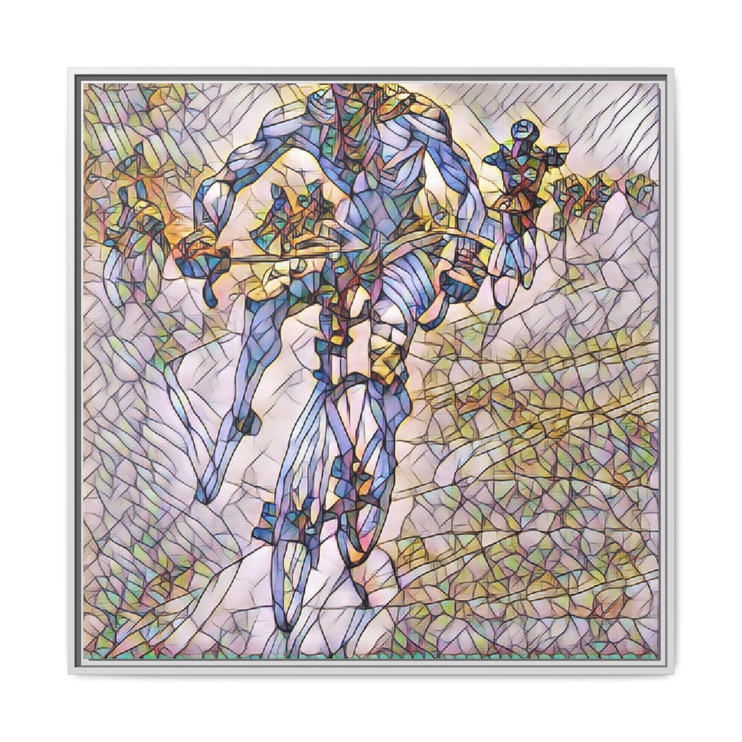 Abstract Cyclist Matte Canvas Framed Art — Colorful Stained-Glass Bike Print