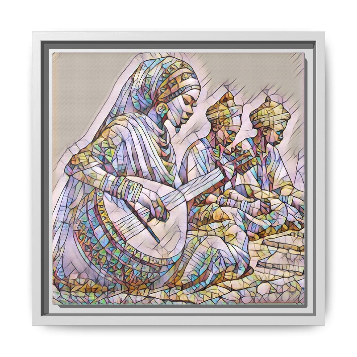 Framed Matte Canvas: Colorful Moroccan Musicians Wall Art