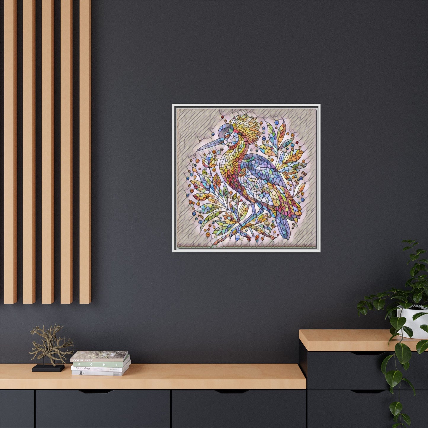 Colorful Stained-Glass Heron — Framed Matte Canvas Wall Art