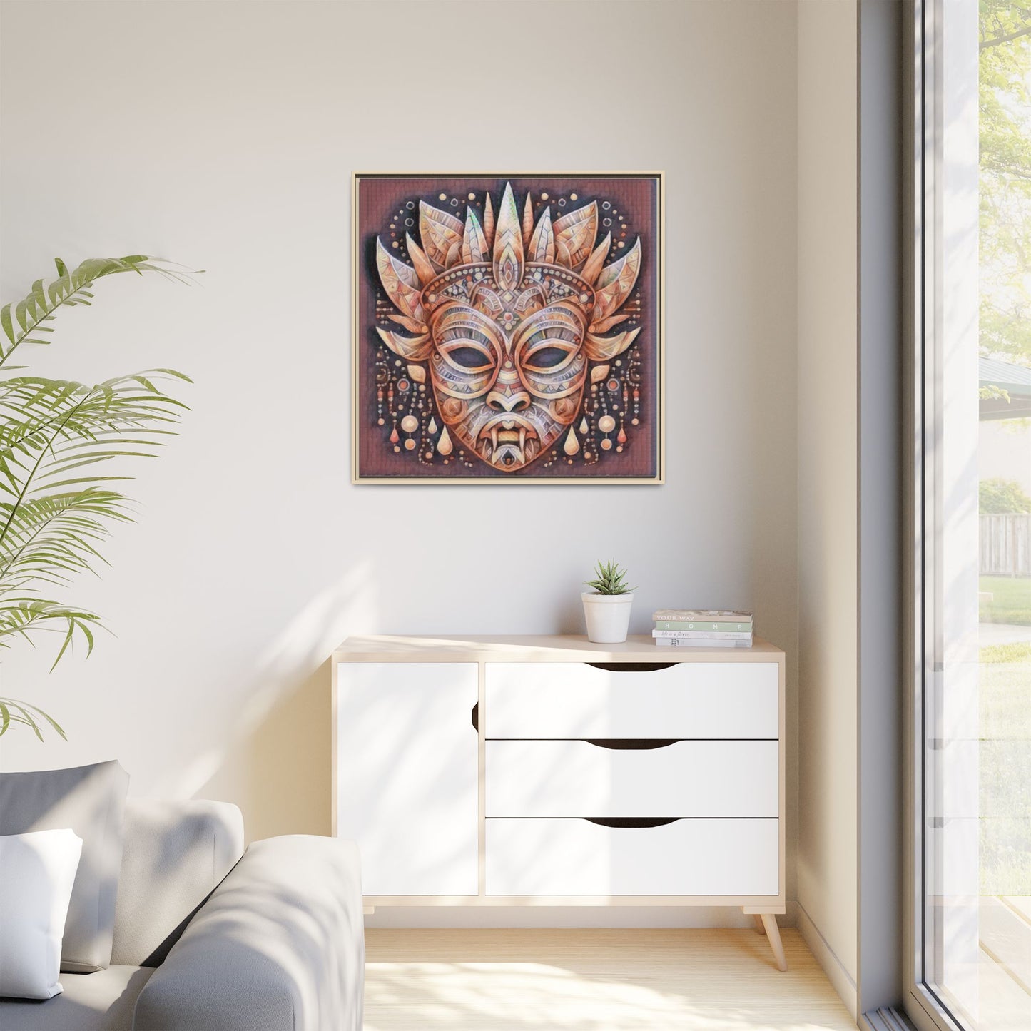Tribal Sun Mask Framed Canvas Art — Boho Ethnic Wall Decor