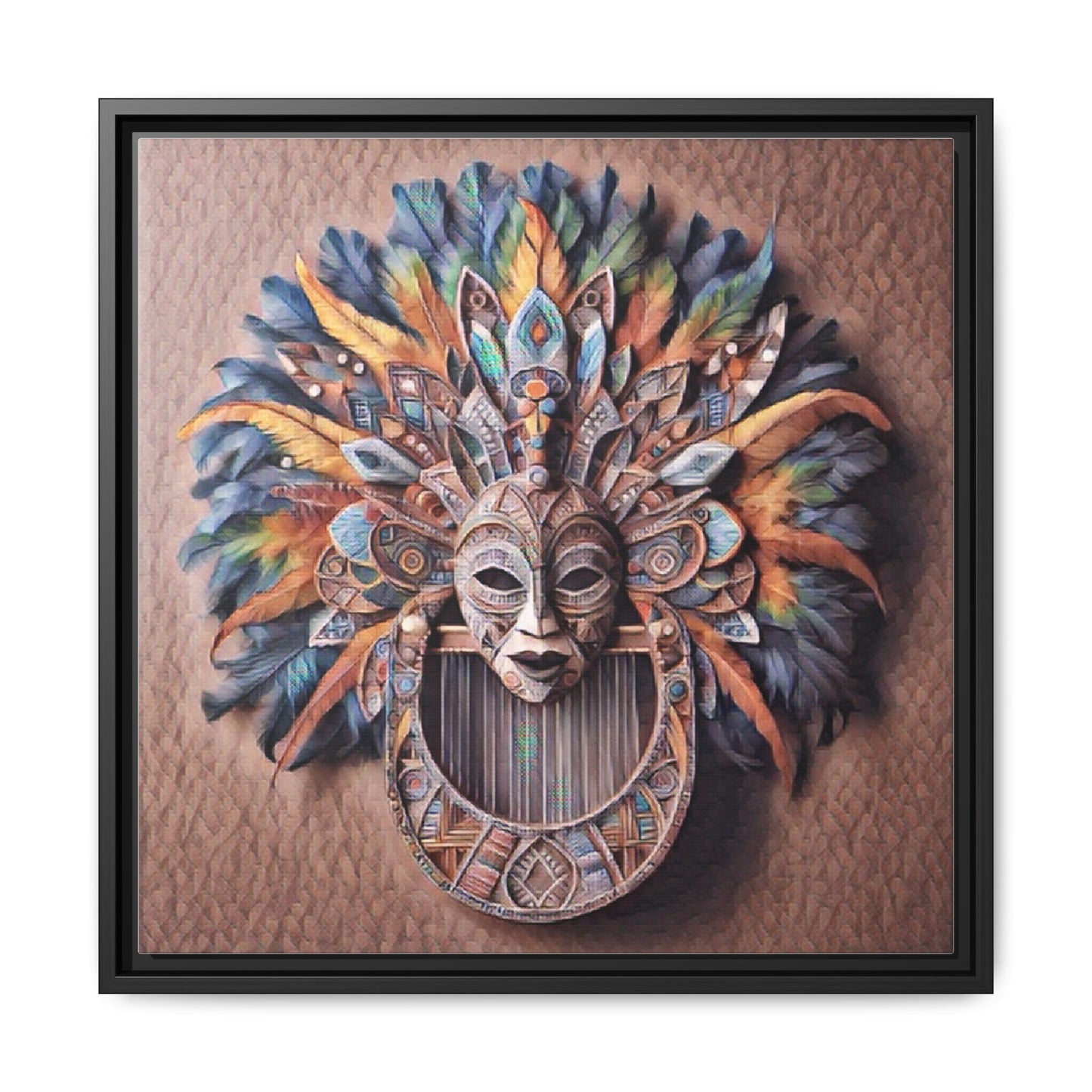 Tribal Feather Mask Framed Canvas Wall Art — Colorful Boho Decorative Print