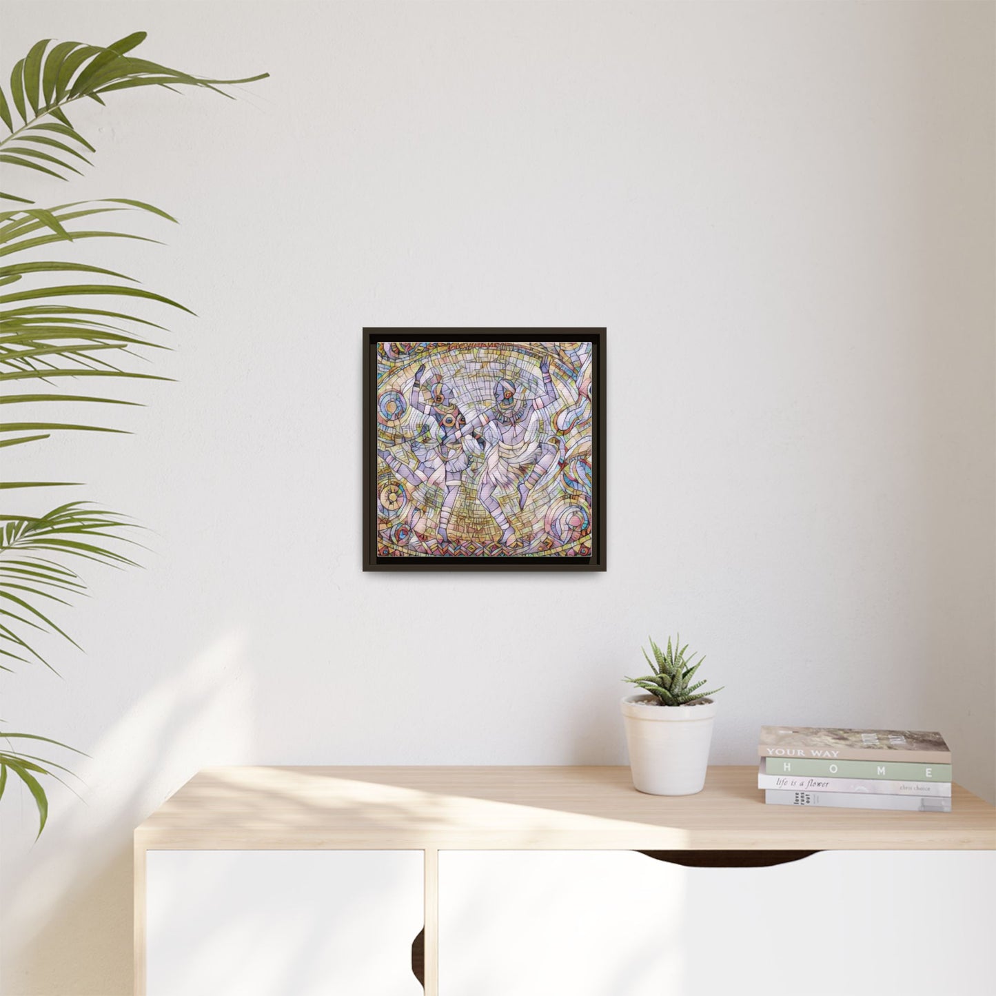 Abstract Dancers Matte Framed Canvas Wall Art — Multi‑Color Stained Glass Style