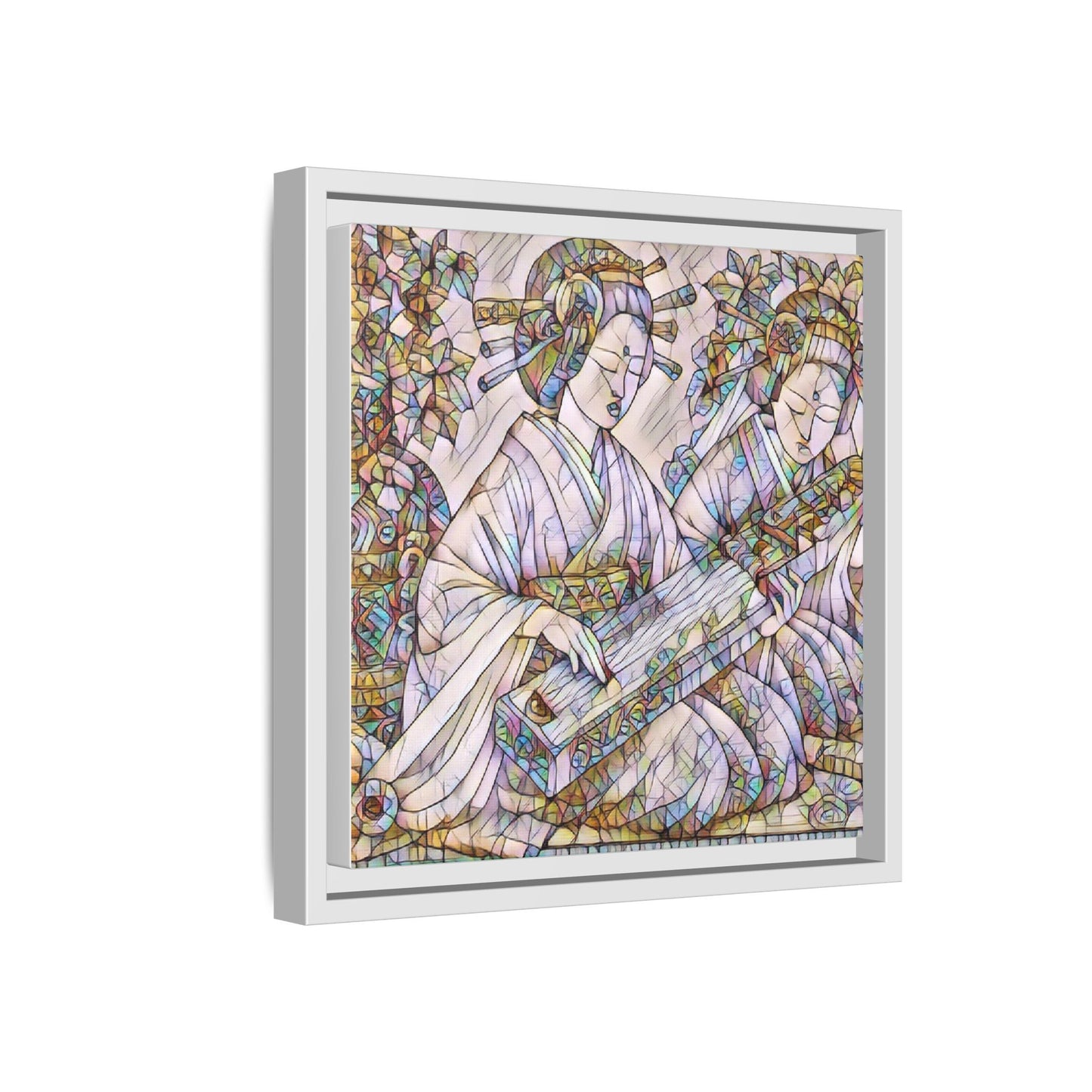 Framed Matte Canvas Print — Stained-Glass Geisha Duo