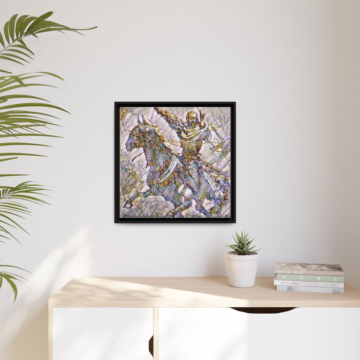 Framed Matte Canvas Print — Stained Glass Knight on Horse Artwork