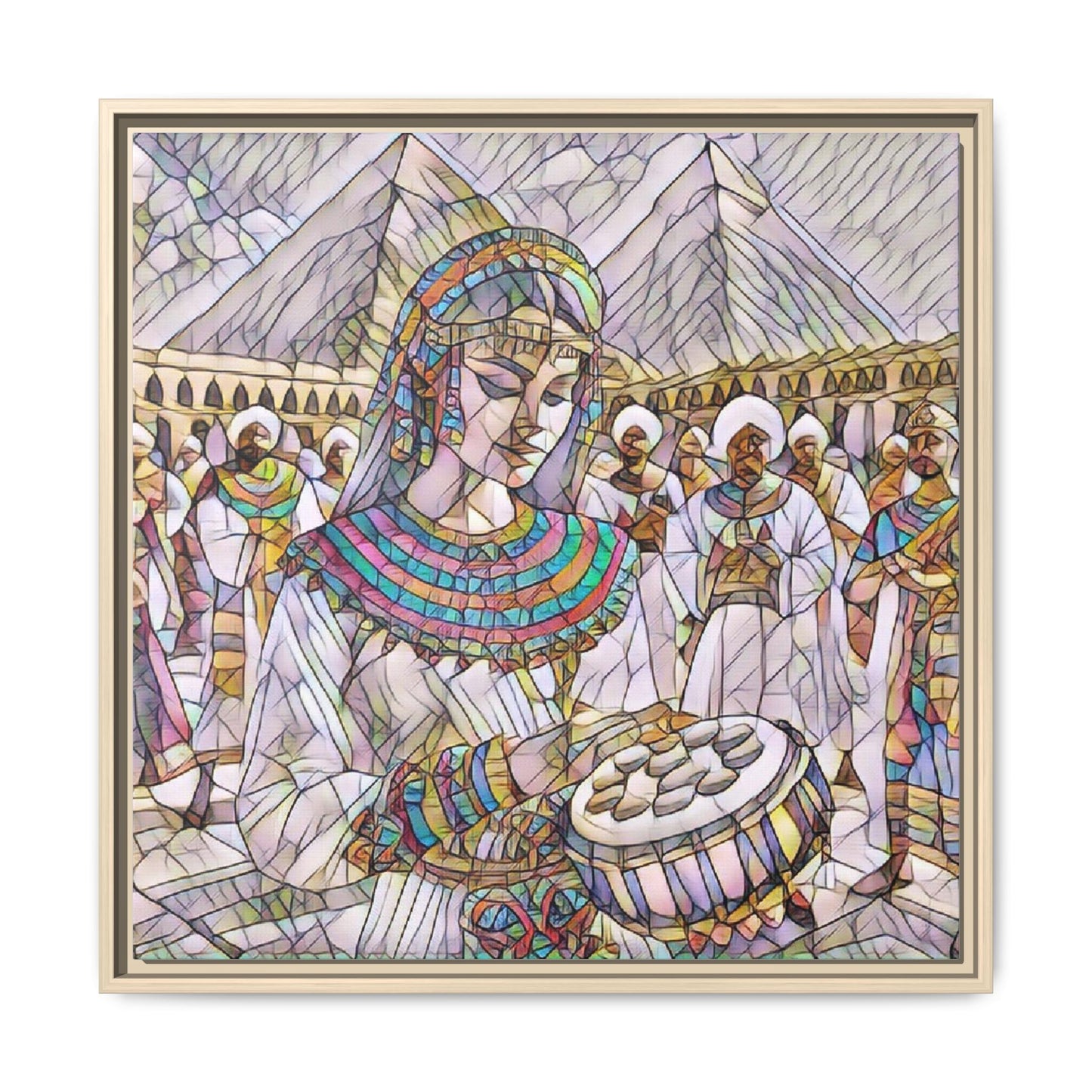Egyptian Drum Player Framed Canvas Art — Colorful Ancient Scene Wall Decor