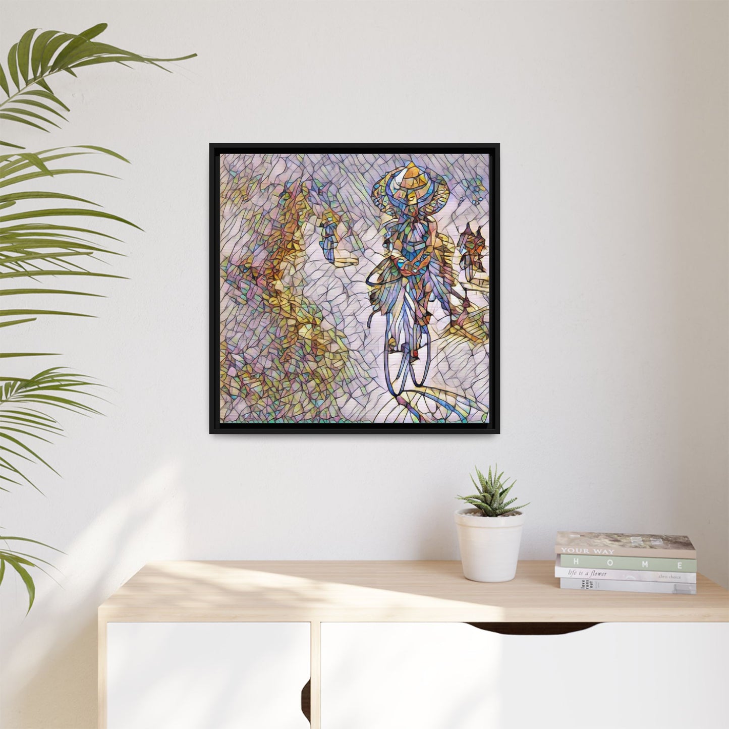 Abstract Cyclist Stained-Glass Art Print — Framed Matte Canvas