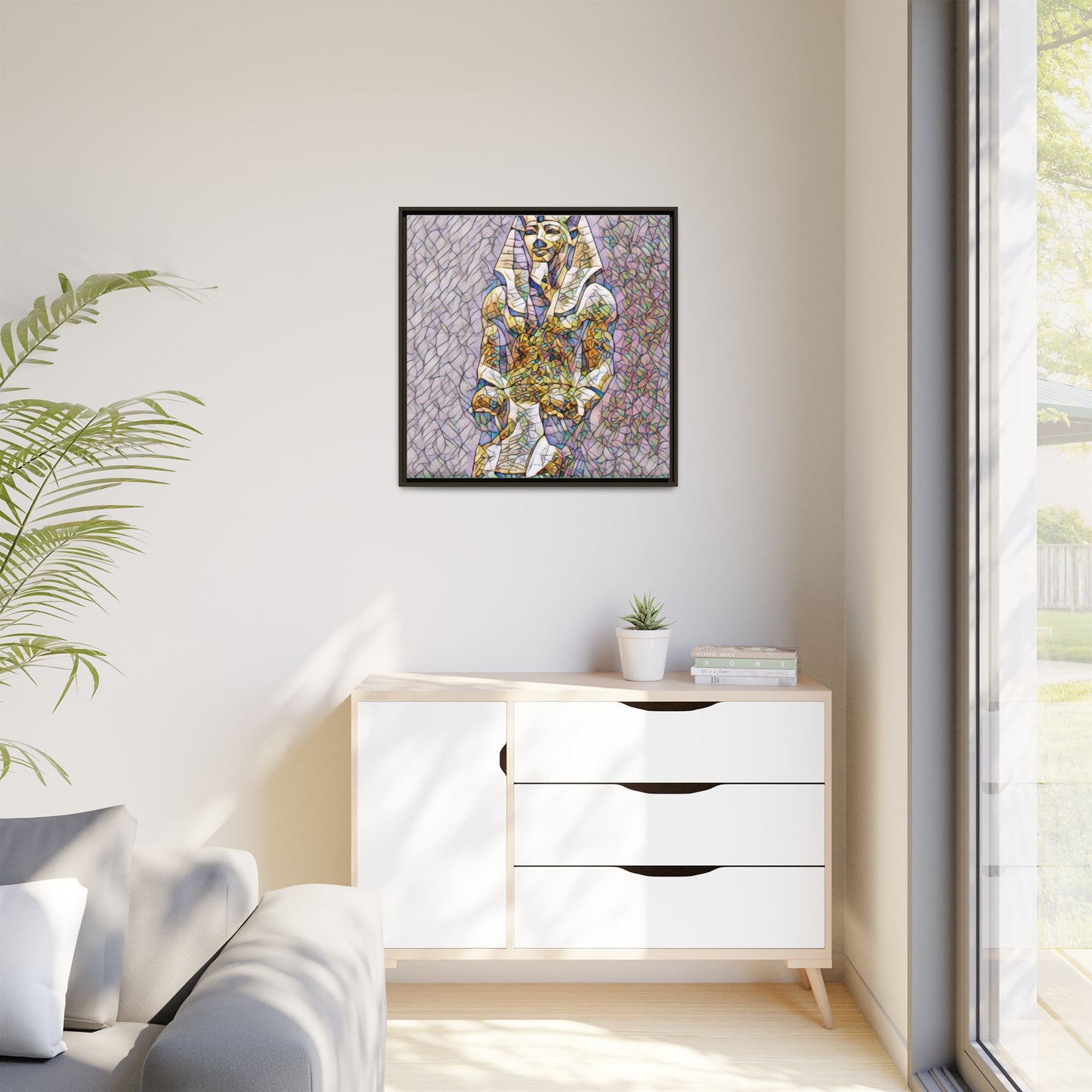 Framed Abstract Pharaoh Matte Canvas Wall Art — Multicolor Egyptian Statue Print