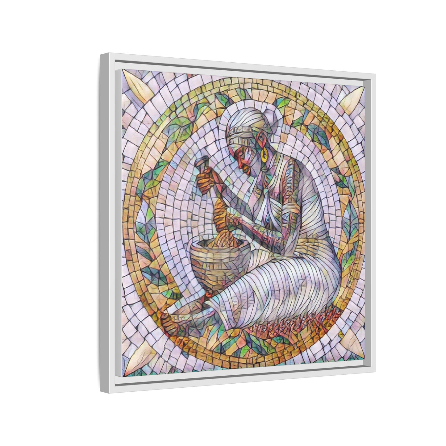 Framed Mosaic Art Print — Woman Grinding Grain (Matte Canvas)