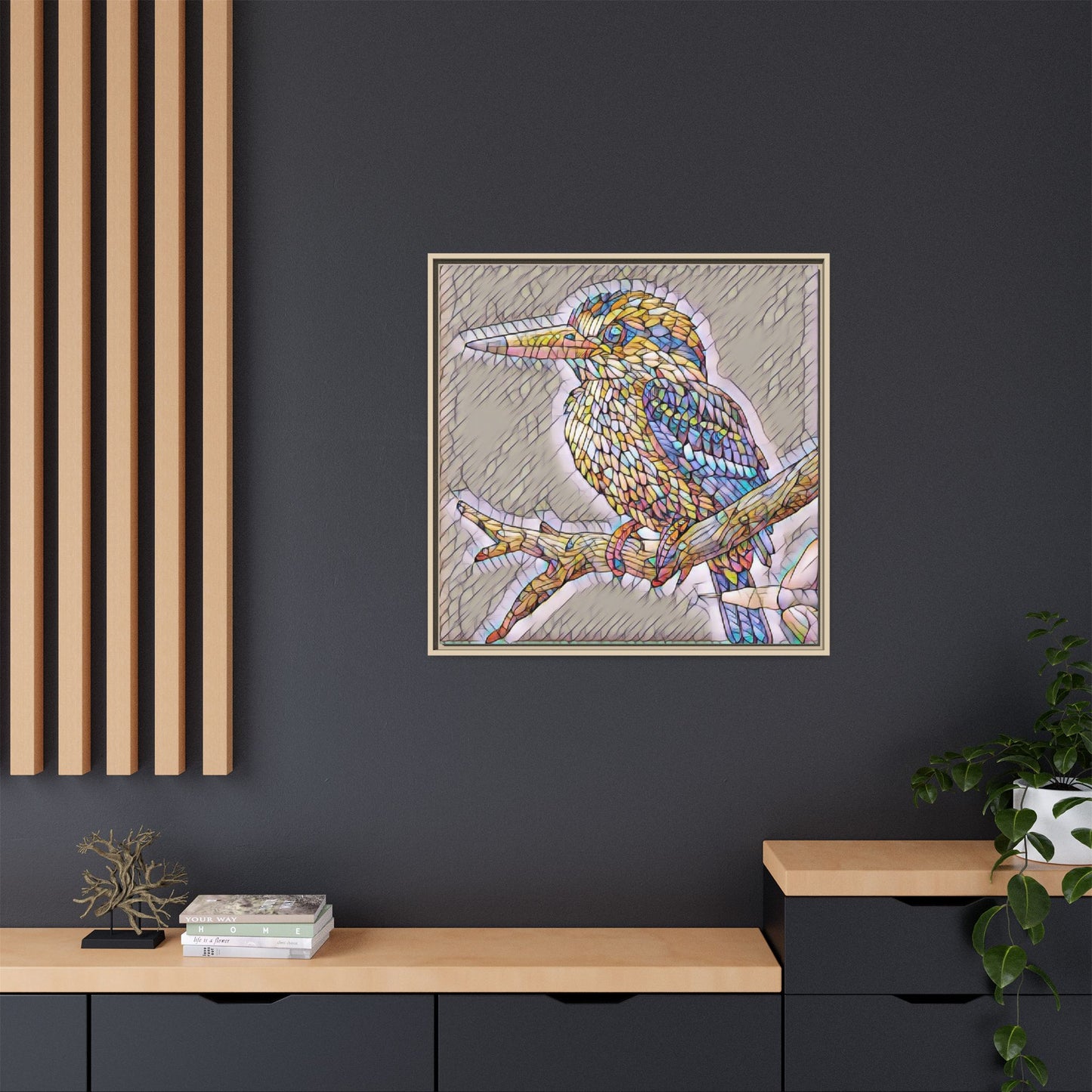 Colorful Kingfisher Framed Canvas Wall Art — Stained-Glass Style Bird Print