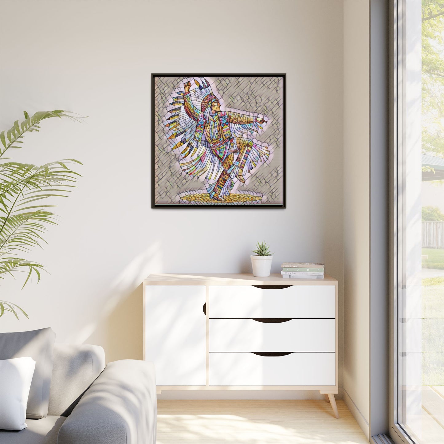 Colorful Native Dancer Framed Canvas Art — Stained Glass Style Wall Decor