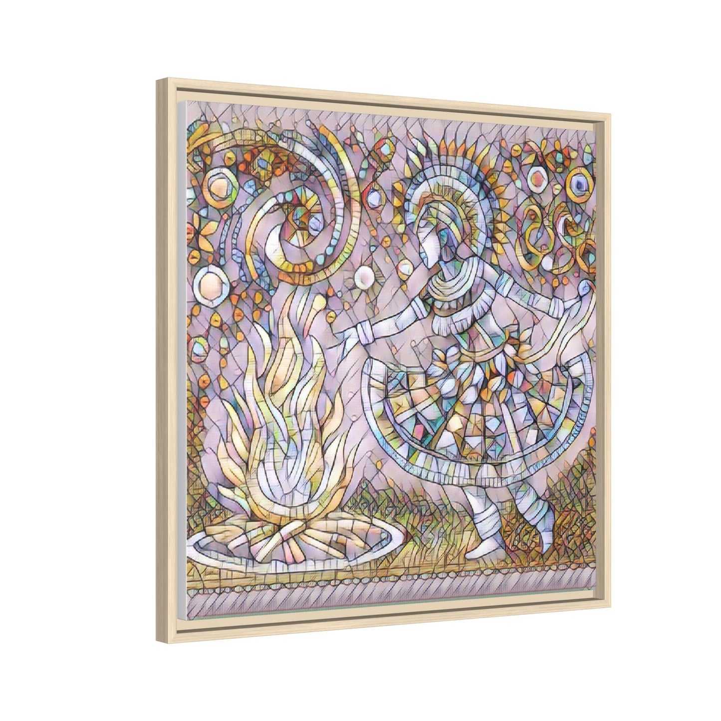 Bohemian Fire Dancer Framed Canvas Art — Colorful Folk Mosaic Wall Decor