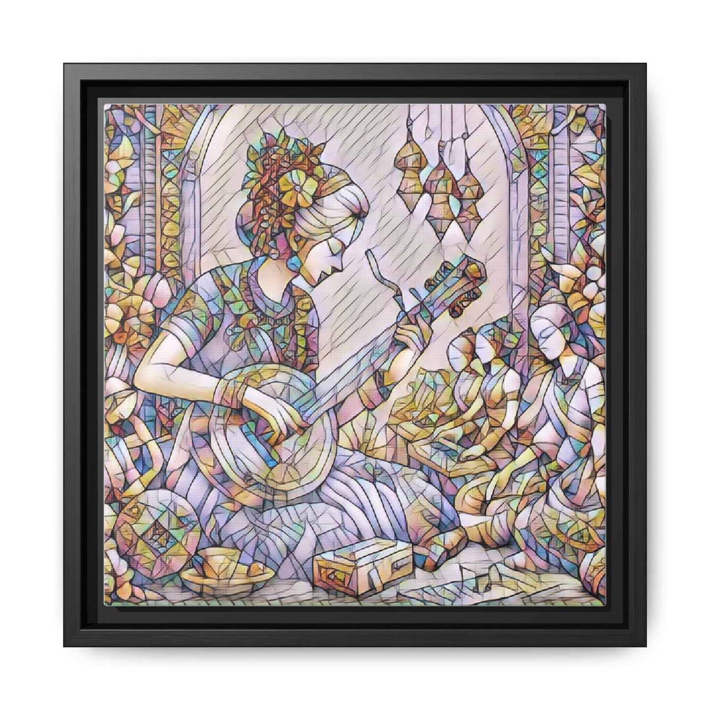 Framed Matte Canvas: Bohemian Woman Playing Lute — Stained-Glass Style Wall Art