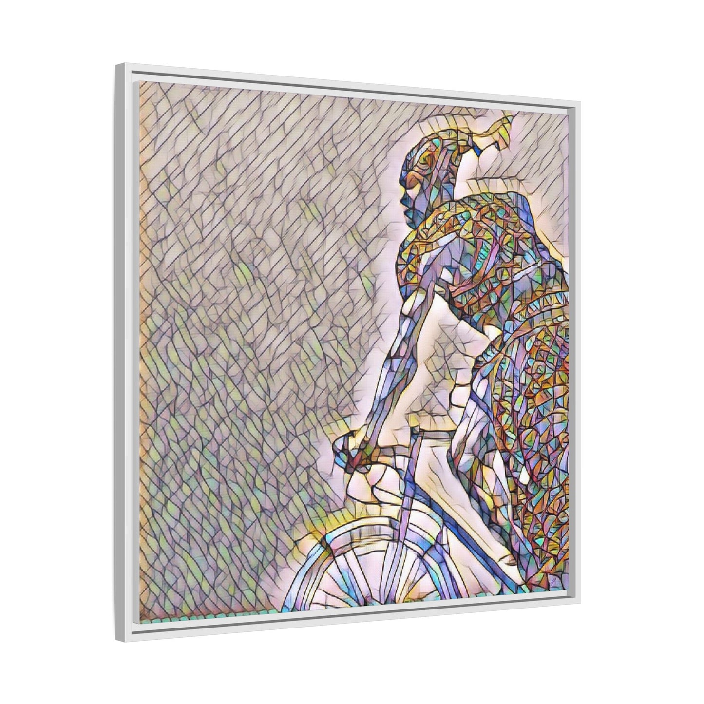 Cyclist Mosaic Matte Canvas Print — Framed Multicolor Bike Art