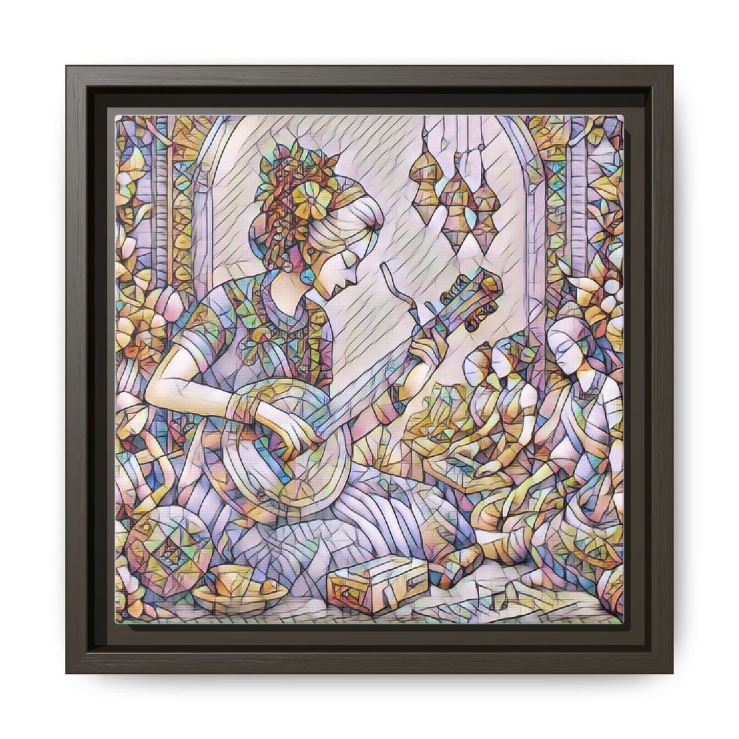 Framed Matte Canvas: Bohemian Woman Playing Lute — Stained-Glass Style Wall Art