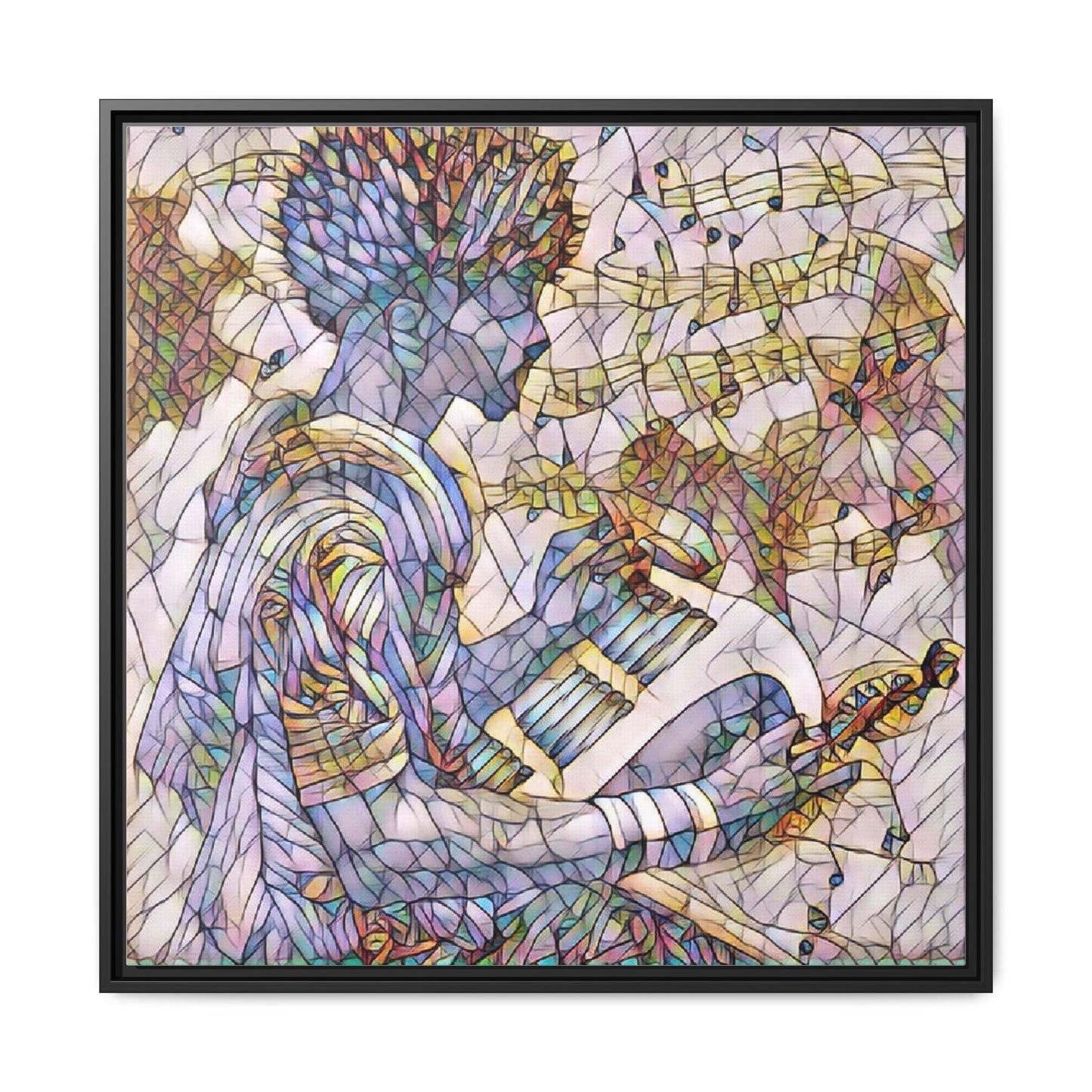 Abstract Jazz Musician Framed Canvas Art — Colorful Stained-Glass Style Wall Decor