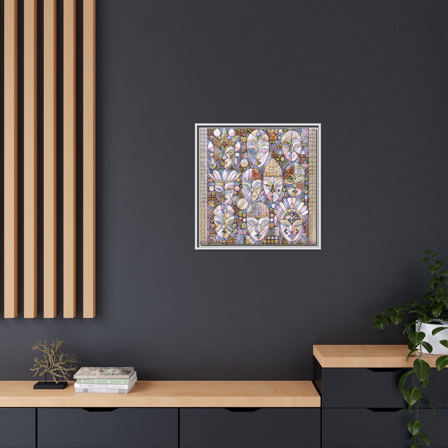 Framed Abstract Mask Art Canvas — Multicolor Stained-Glass Faces Wall Decor