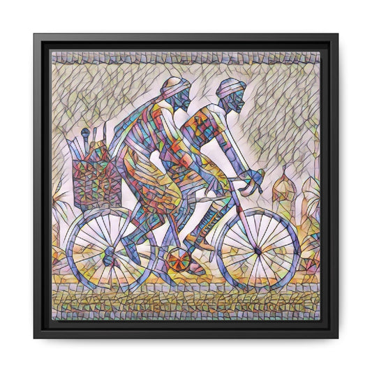 Framed Canvas Print — Colorful Mosaic Cyclists Wall Art
