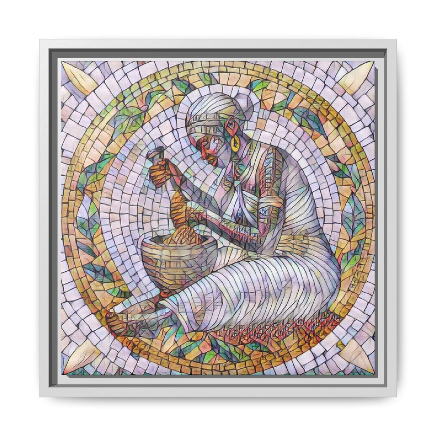 Framed Mosaic Art Print — Woman Grinding Grain (Matte Canvas)