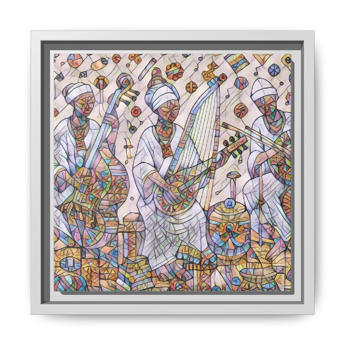 Framed Matte Canvas Print — Colorful African Musicians Stained-Glass Art